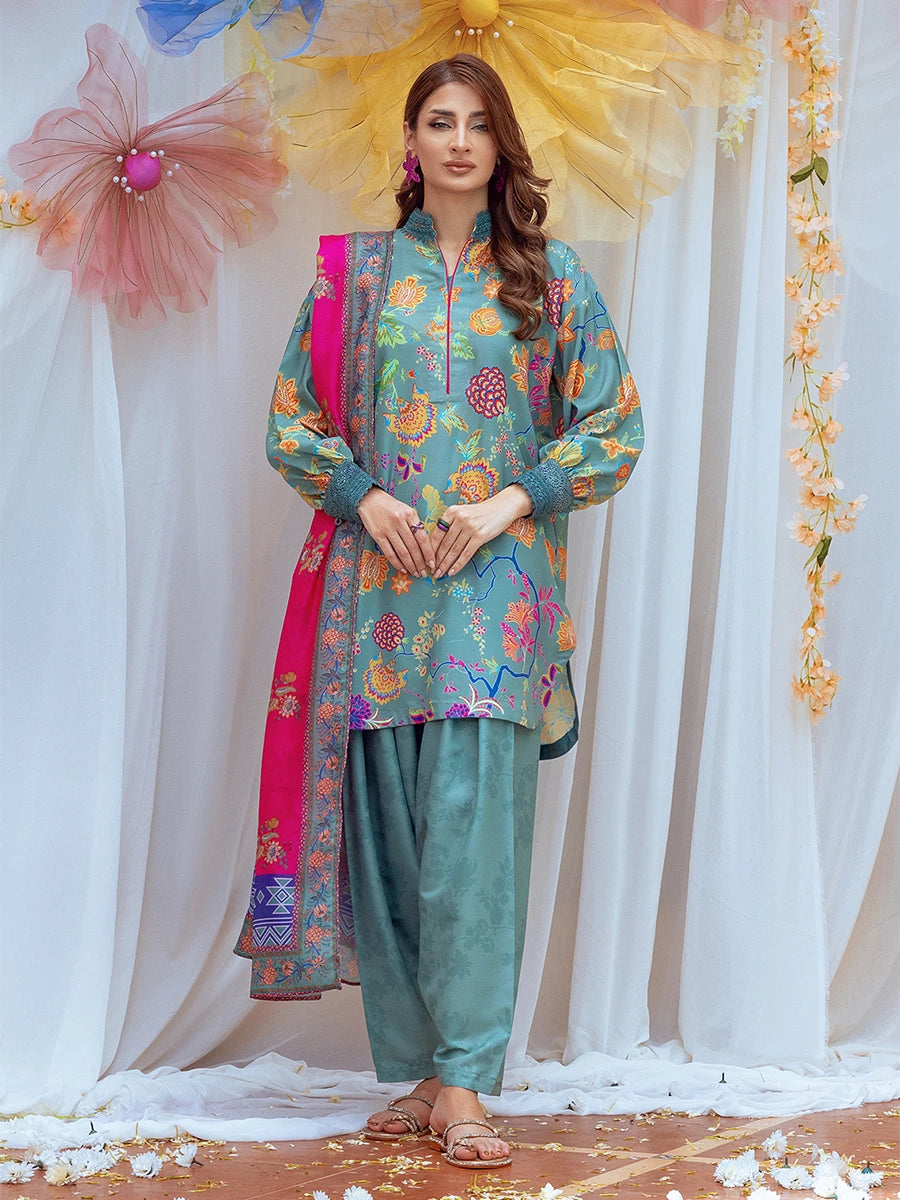 Silk Dupatta Lawn Suits With Net Dupatta Online 03 Piece