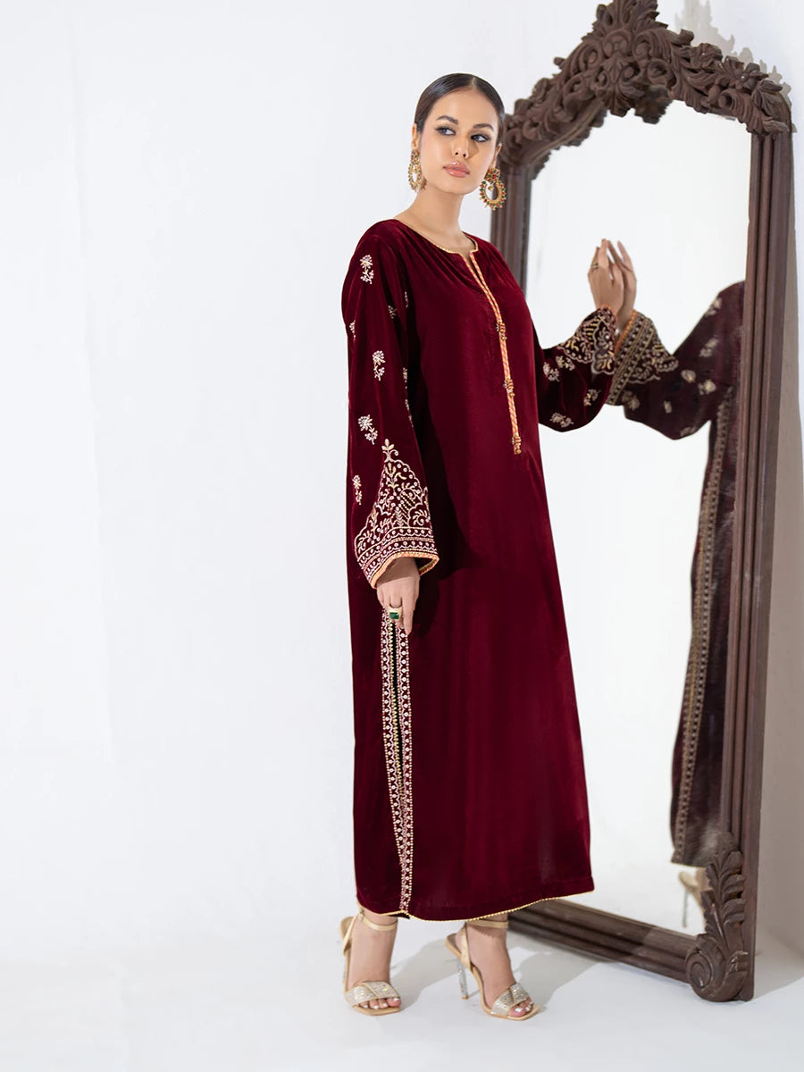 velvet dress embroidery Elegant Red With Gold Embellishments this dress ensures youll make an unforgettable impression with its combination of graceful design and luxurious materials designer-abaya-caftan-haute-couture-farasha-maxi-dress XL / 58 Inches