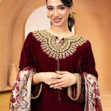 3PC Stitched Velvet Embroidered Suit (WP7L3PEF481)