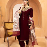3PC Stitched Velvet Embroidered Suit (WP7L3PEF481)