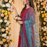 3PC Stitched Embroidered Cotton Net Suit (SPL3PEF070)