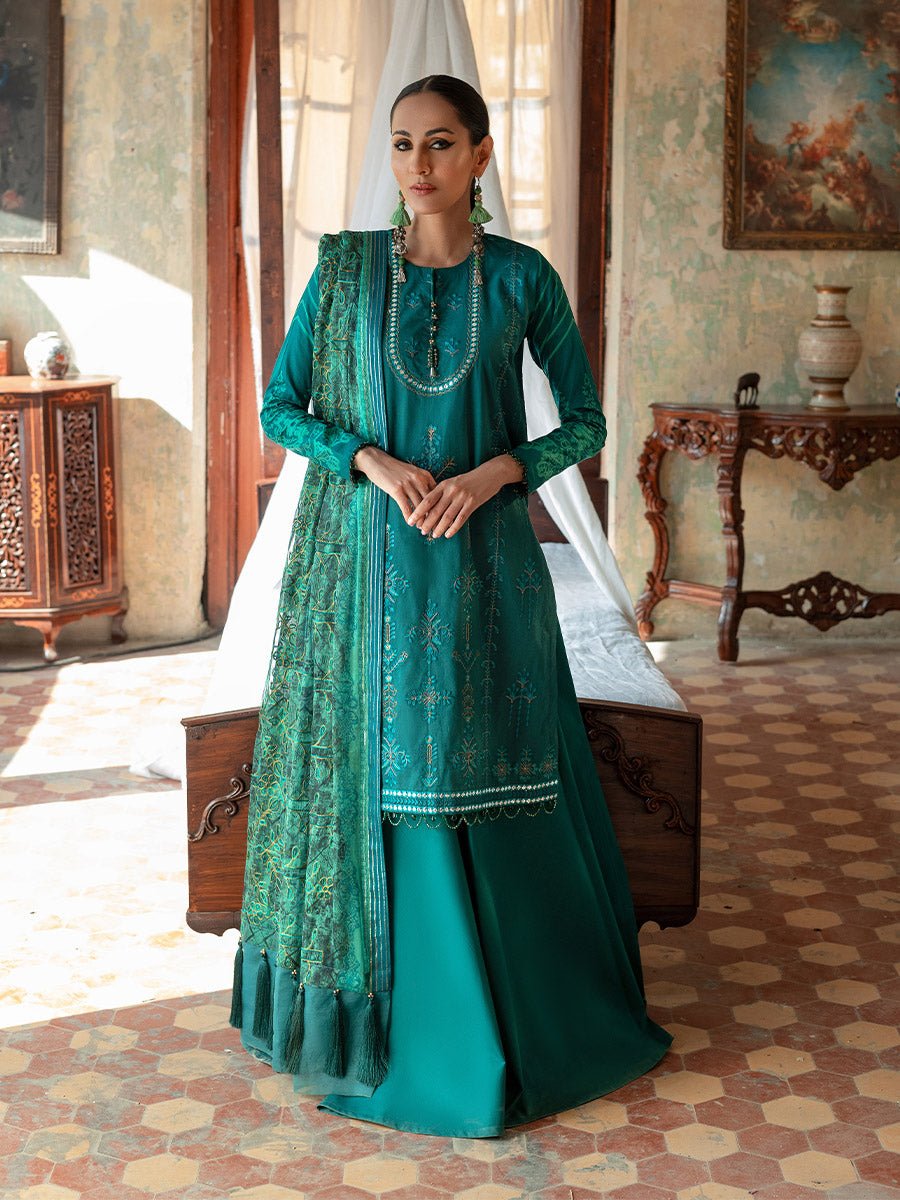 Unstitched 3pc - Heavy Embroidered Front With Printed Back & Sleeves with Chiffon Printed Embroidered Dupatta & Dyed Cambric Trouser - FAUSTINA (WK-00994AUT) - SalitexOnline