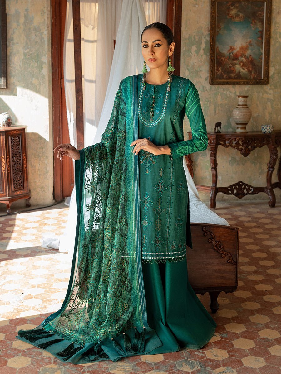 Unstitched 3pc - Heavy Embroidered Front With Printed Back & Sleeves with Chiffon Printed Embroidered Dupatta & Dyed Cambric Trouser - FAUSTINA (WK-00994AUT) - SalitexOnline