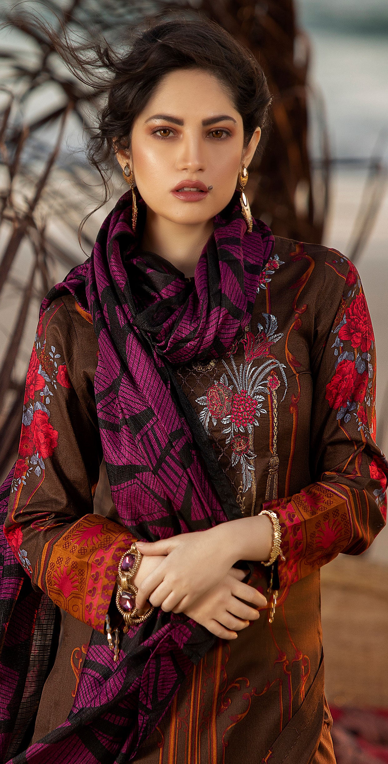 Stitched 3pc Printed Embroidered Lawn Shirt with Fancy Printed Check Dupatta (WK-496B)