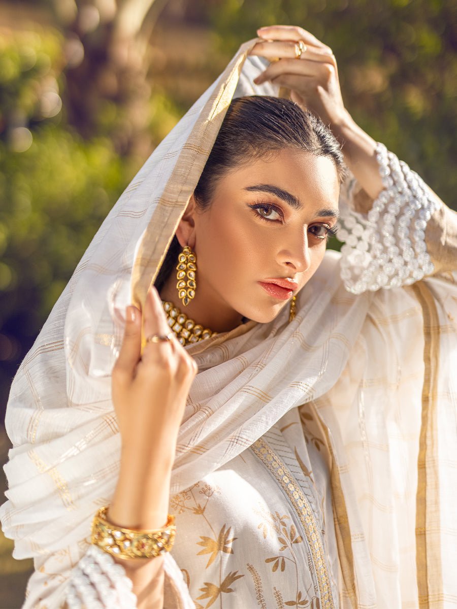 2pc Unstitched - Printed Cambric Shirt With Zari Net Dupatta - Noore khaas (RE-00007C) - SalitexOnline