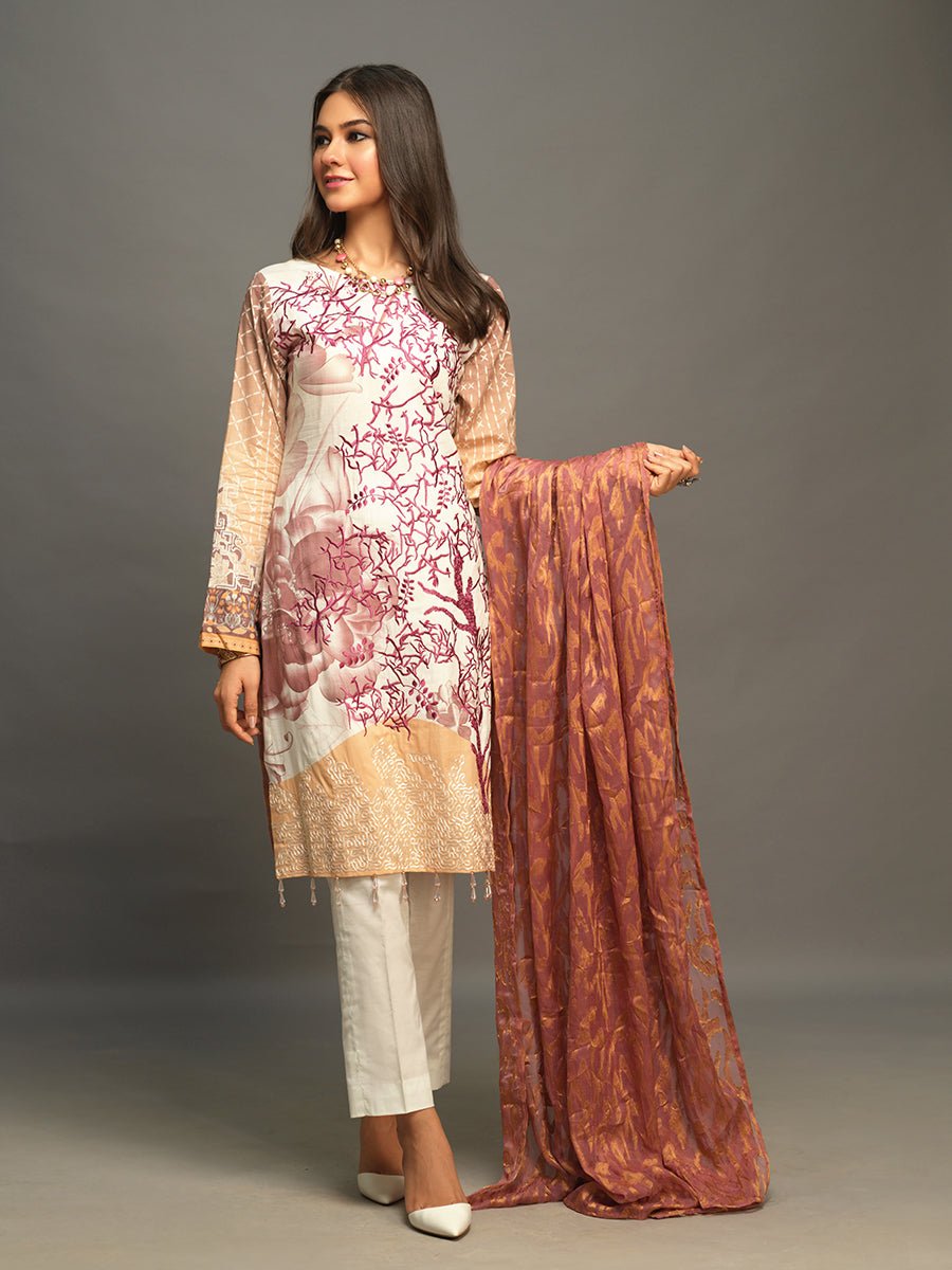 3pc Stitched Lawn Suit- Printed Embroidered Shirt with Dyed Cambric Trouser & Chiffon Jacquard Dupatta - Silkoria (WK-00536A) - SalitexOnline