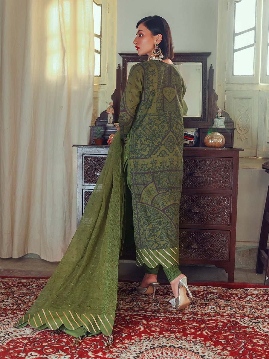 3pc Unstitched - Chikankari Embroidered Lawn Suit with Chikankari Embroidered Chiffon Dupatta (WK-01045UT) - SalitexOnline
