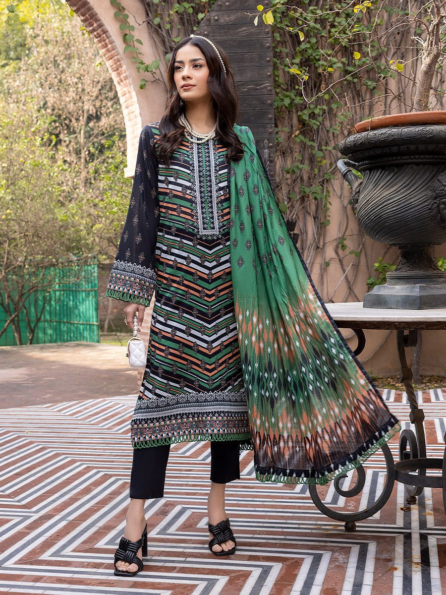 3pc Unstitched - Digital Printed Lawn Shirt & Dupatta with Dyed Cambric Trouser - Sana Sara (SS-00004UT) - SalitexOnline