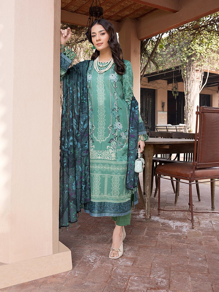 3pc Unstitched - Digital Printed Lawn Shirt & Dupatta with Dyed Cambric Trouser - Sana Sara (SS-00016UT) - SalitexOnline
