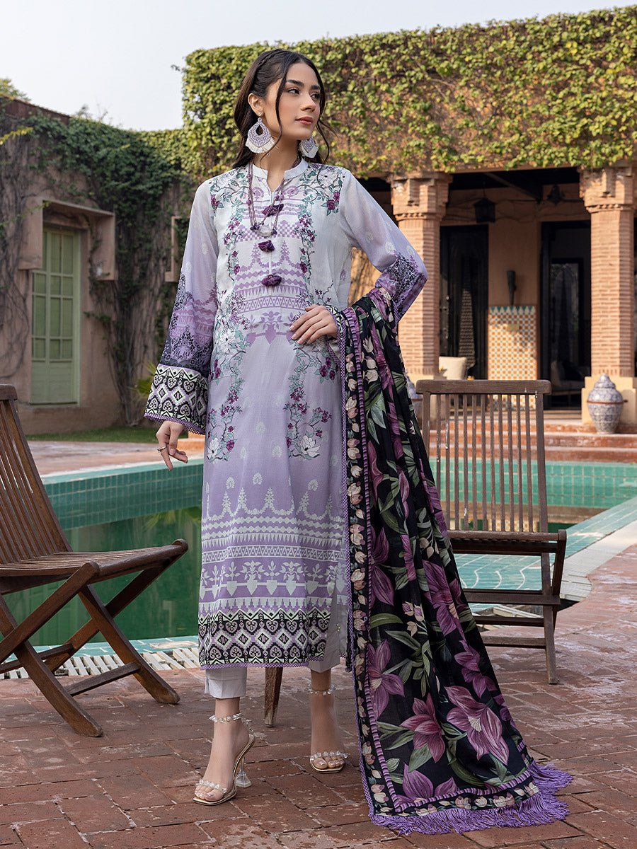 3pc Unstitched - Digital Printed Lawn Shirt & Dupatta with Dyed Cambric Trouser - Sana Sara (SS-00017UT) - SalitexOnline