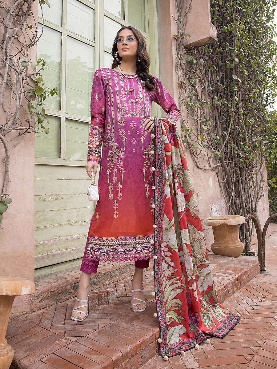 3pc Unstitched - Digital Printed Lawn Shirt & Dupatta with Dyed Cambric Trouser - Sana Sara (SS-00019UT) - SalitexOnline