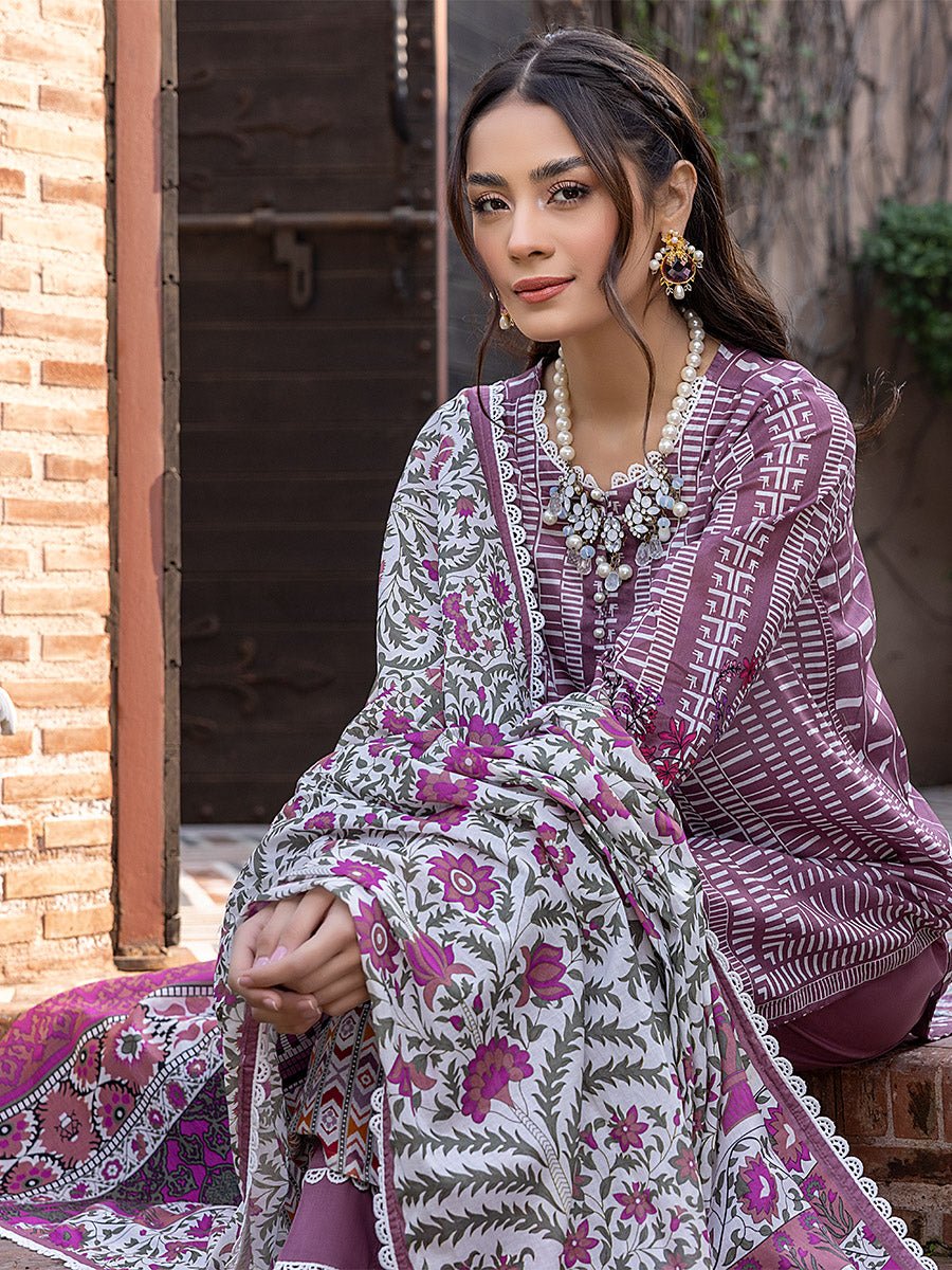 3pc Unstitched - Digital Printed Lawn Shirt & Dupatta with Dyed Cambric Trouser - Sana Sara (SS-00024UT) - SalitexOnline
