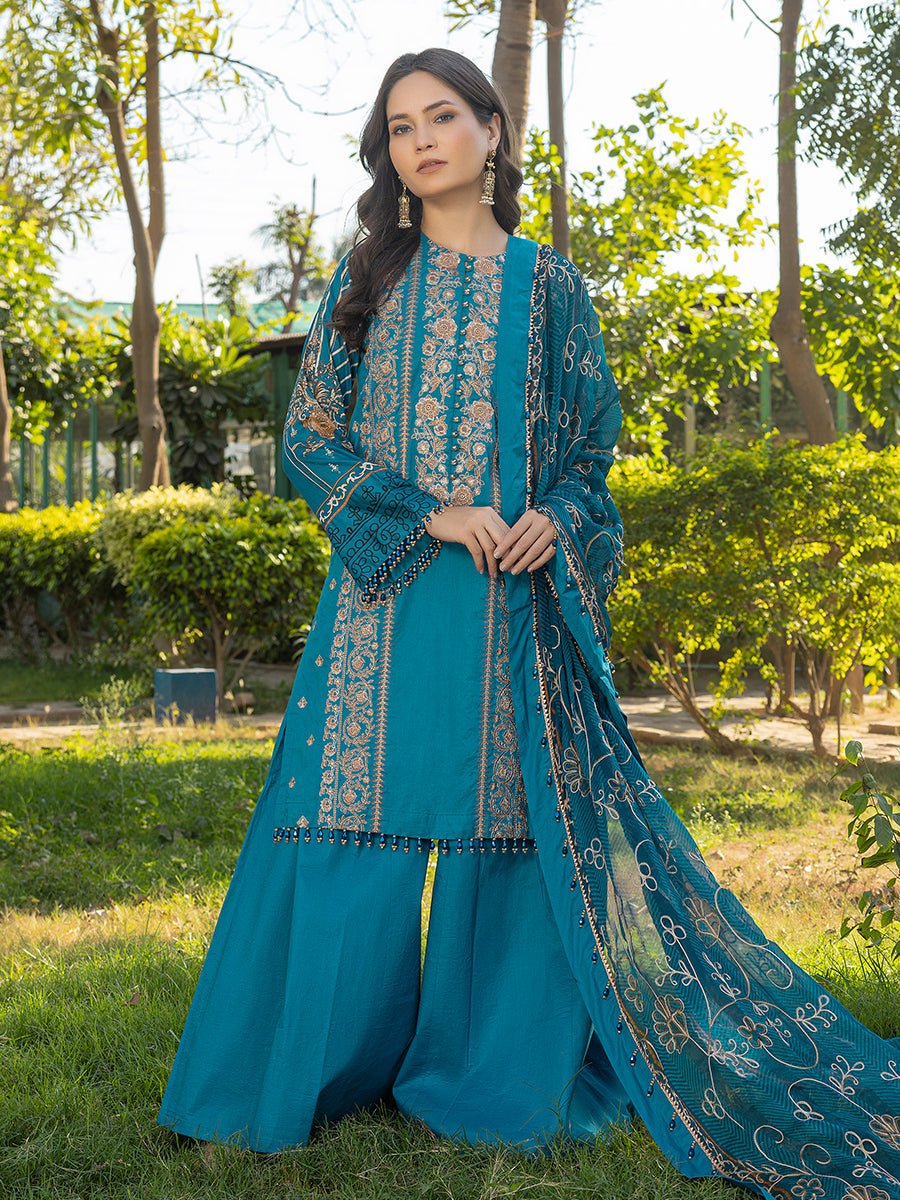 3pc Unstitched - Embroidered Lawn Shirt with Printed Embroidered Chiffon Dupatta - SalitexOnline