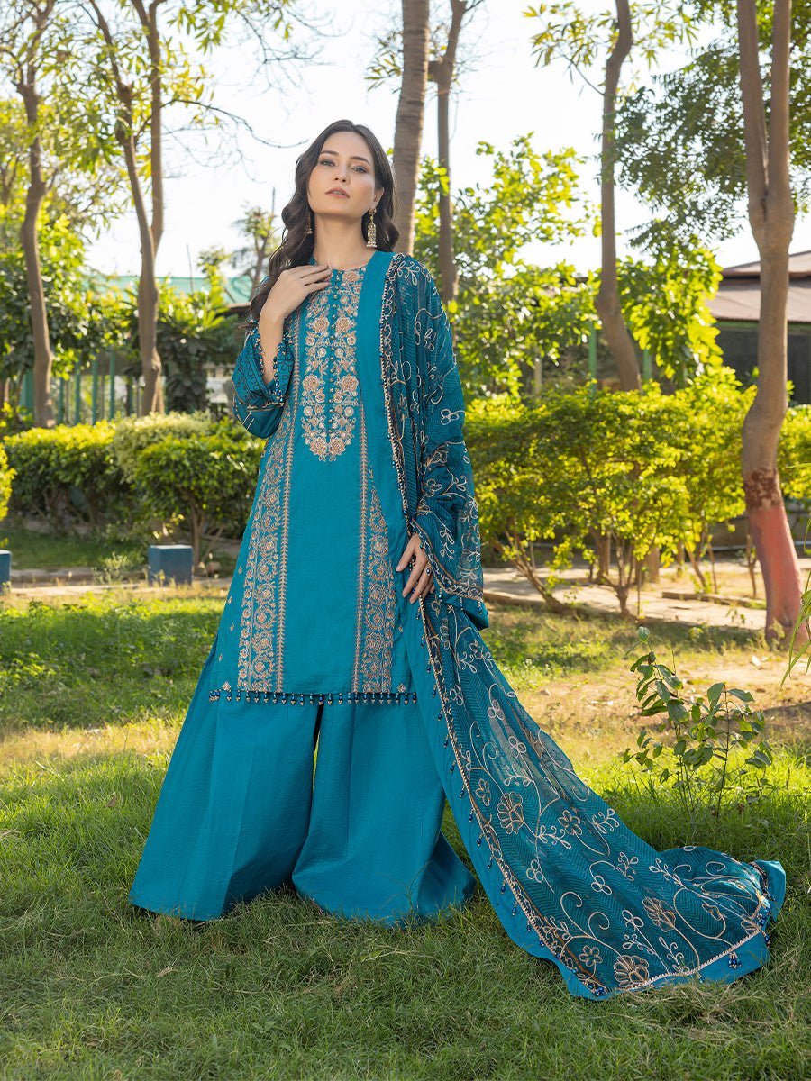 3pc Unstitched - Embroidered Lawn Shirt with Printed Embroidered Chiffon Dupatta - SalitexOnline