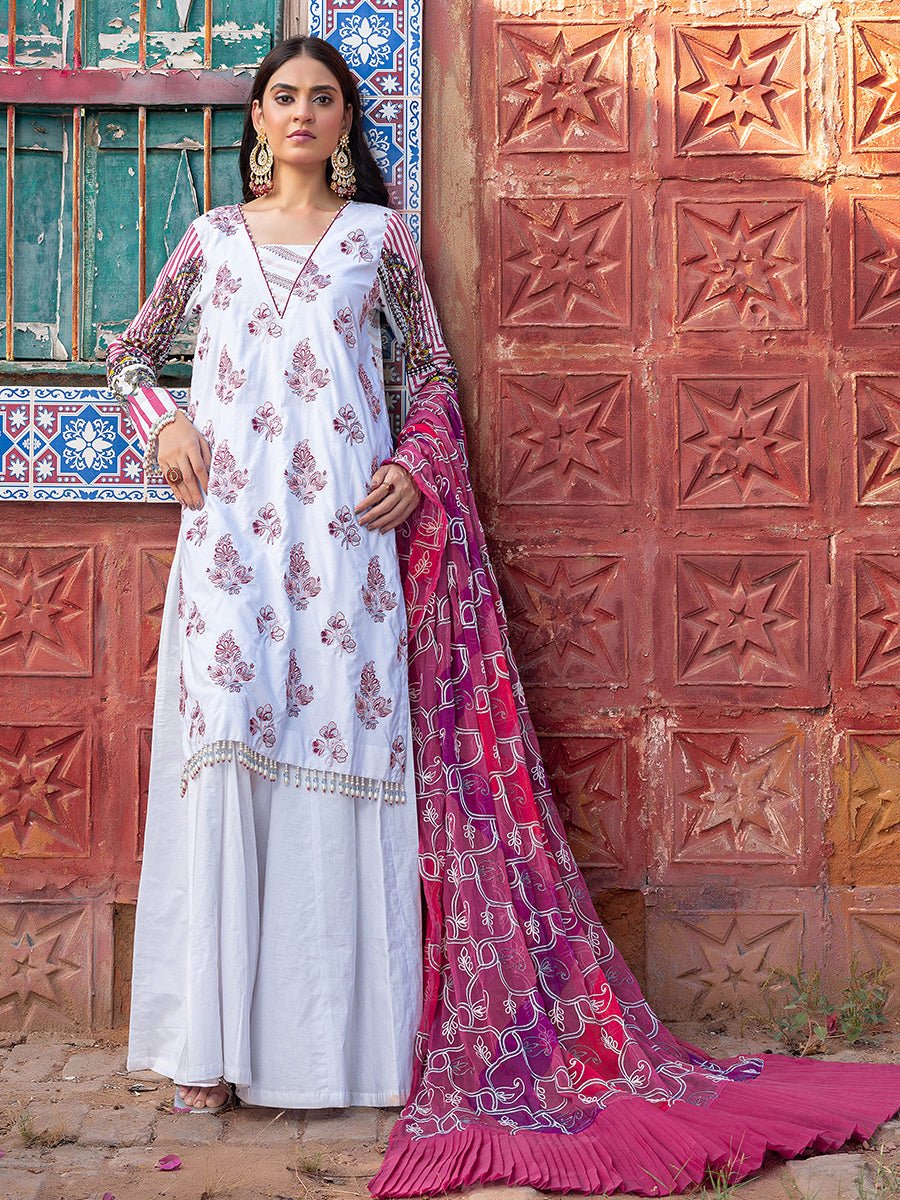 3pc Unstitched - Embroidered Lawn Shirt with Printed Embroidered Chiffon Dupatta - SalitexOnline