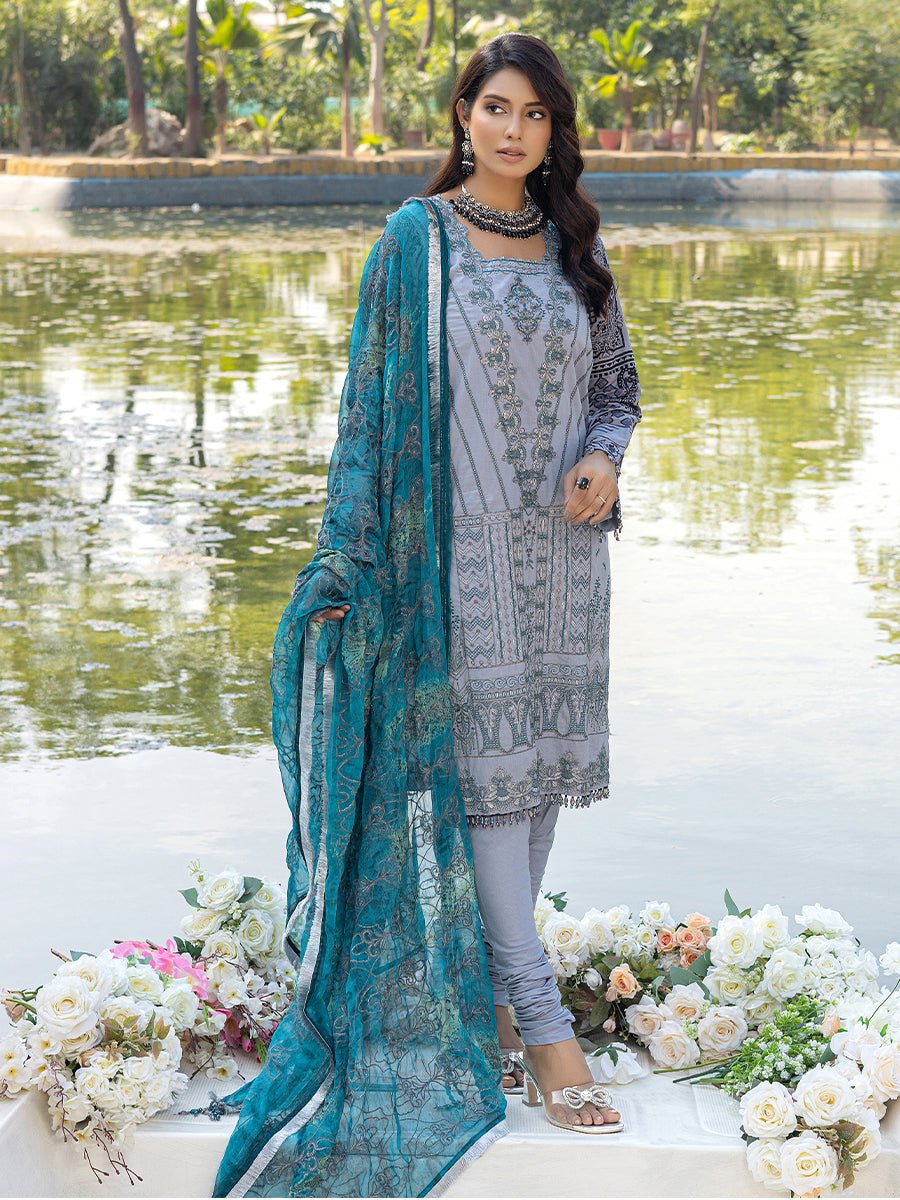3pc Unstitched - Embroidered Lawn Shirt with Printed Embroidered Chiffon Dupatta - SalitexOnline