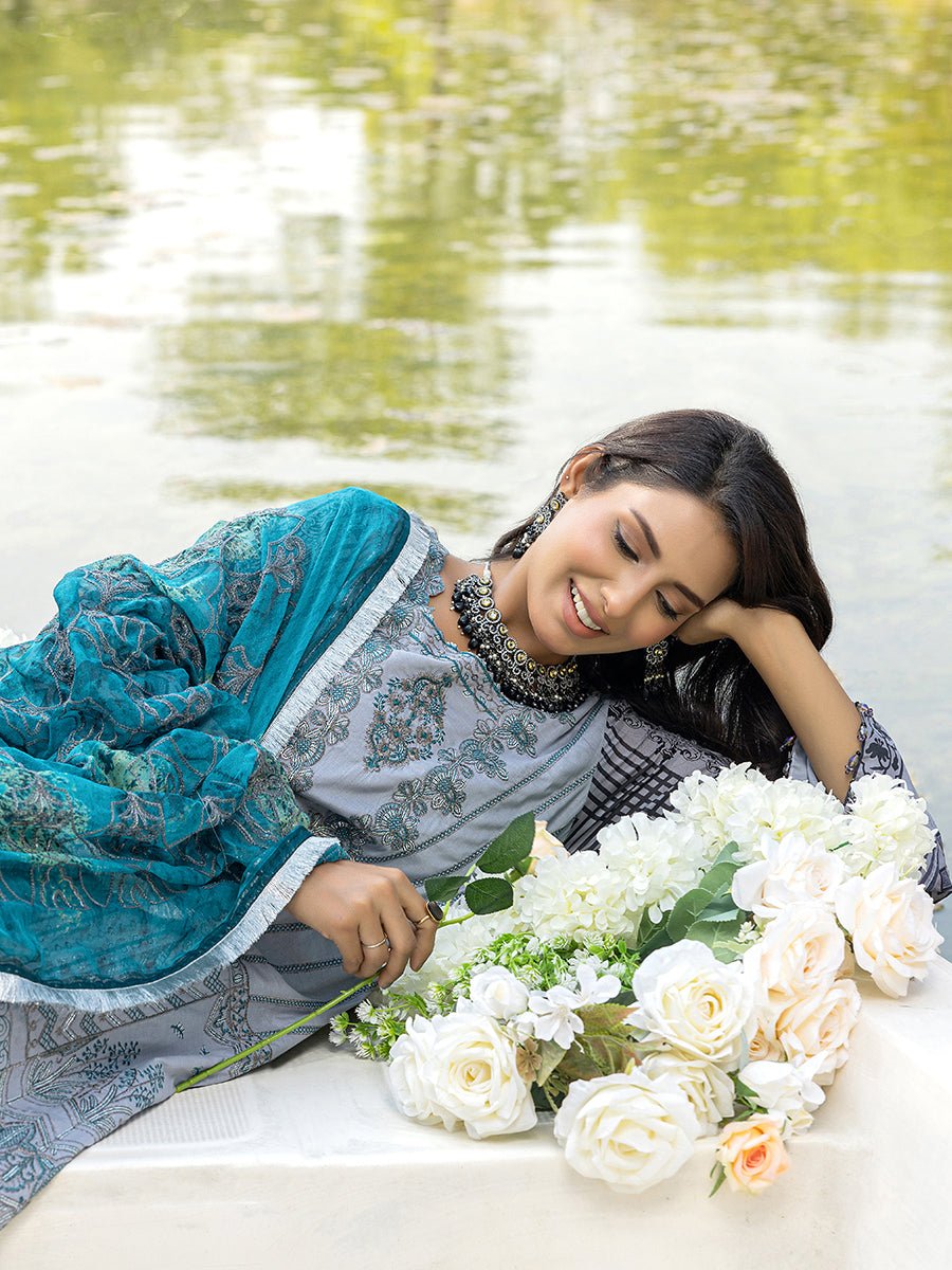 3pc Unstitched - Embroidered Lawn Shirt with Printed Embroidered Chiffon Dupatta - SalitexOnline