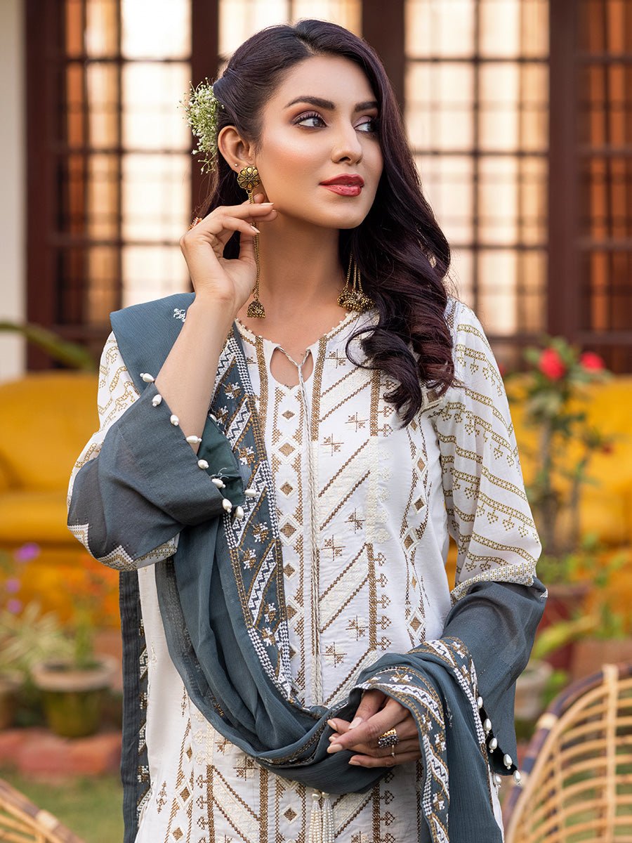 3pc Unstitched - Embroidered lawn Suit with Embroidered Chiffon Dupatta - Shades of Festive (WK-01022UT) - SalitexOnline