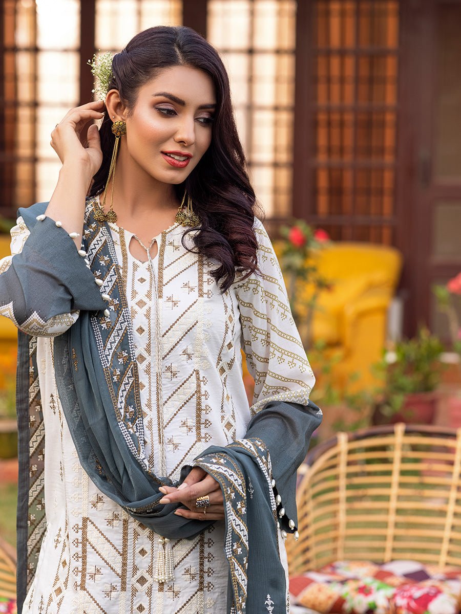 3pc Unstitched - Embroidered lawn Suit with Embroidered Chiffon Dupatta - Shades of Festive (WK-01022UT) - SalitexOnline