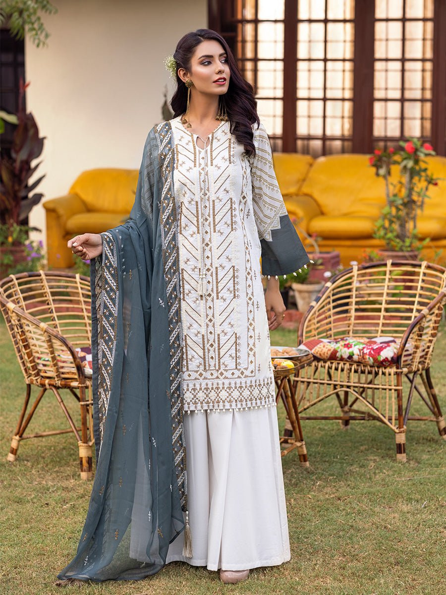 3pc Unstitched - Embroidered lawn Suit with Embroidered Chiffon Dupatta - Shades of Festive (WK-01022UT) - SalitexOnline