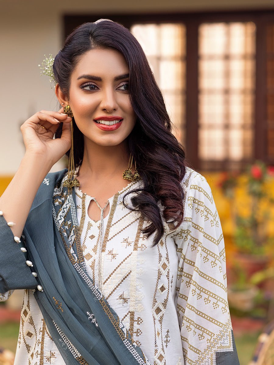 3pc Unstitched - Embroidered lawn Suit with Embroidered Chiffon Dupatta - Shades of Festive (WK-01022UT) - SalitexOnline