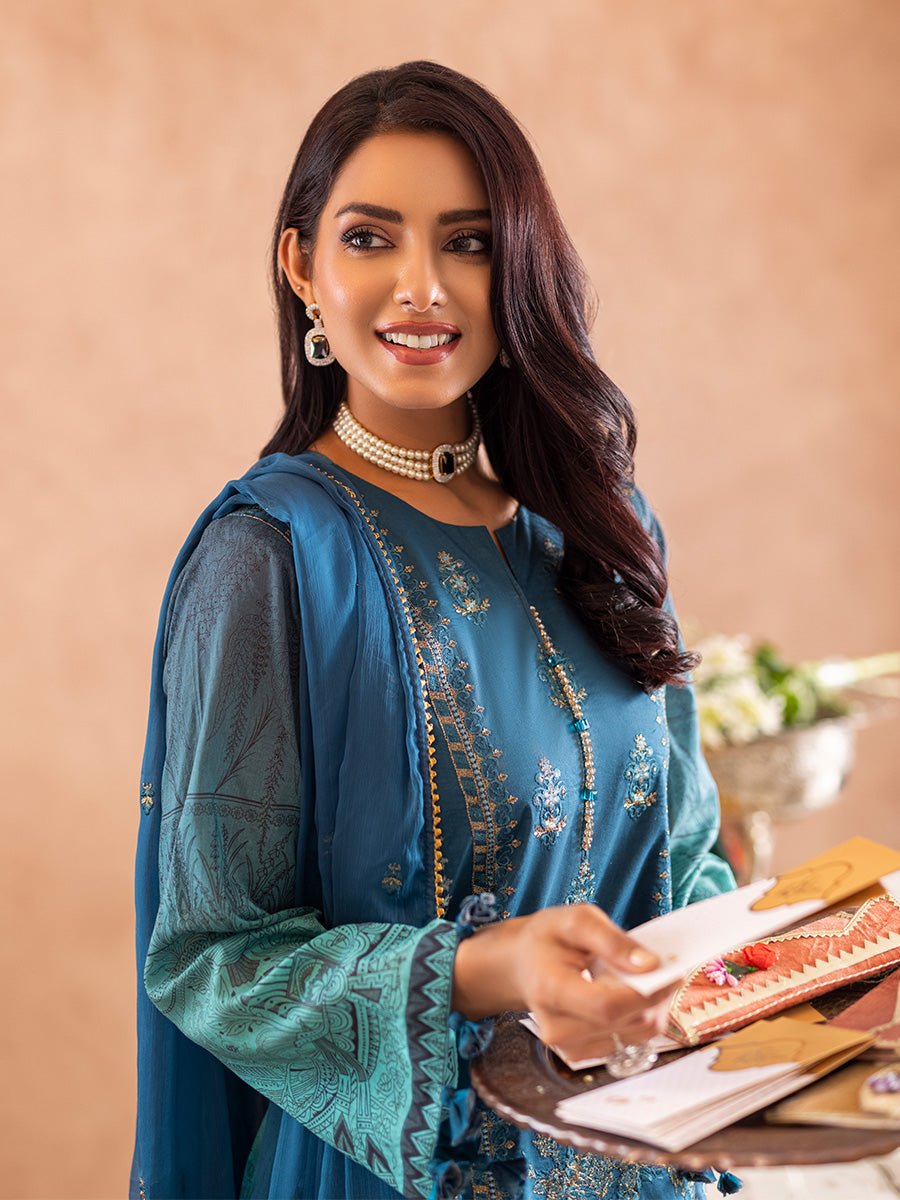 3pc Unstitched - Embroidered lawn Suit with Embroidered Chiffon Dupatta - Shades of Festive (WK-01023UT) - SalitexOnline