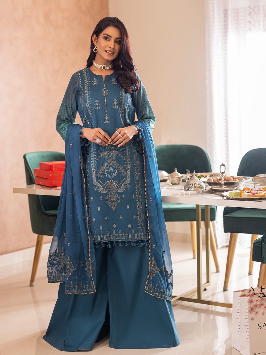 3pc Unstitched - Embroidered lawn Suit with Embroidered Chiffon Dupatta - Shades of Festive (WK-01023UT) - SalitexOnline