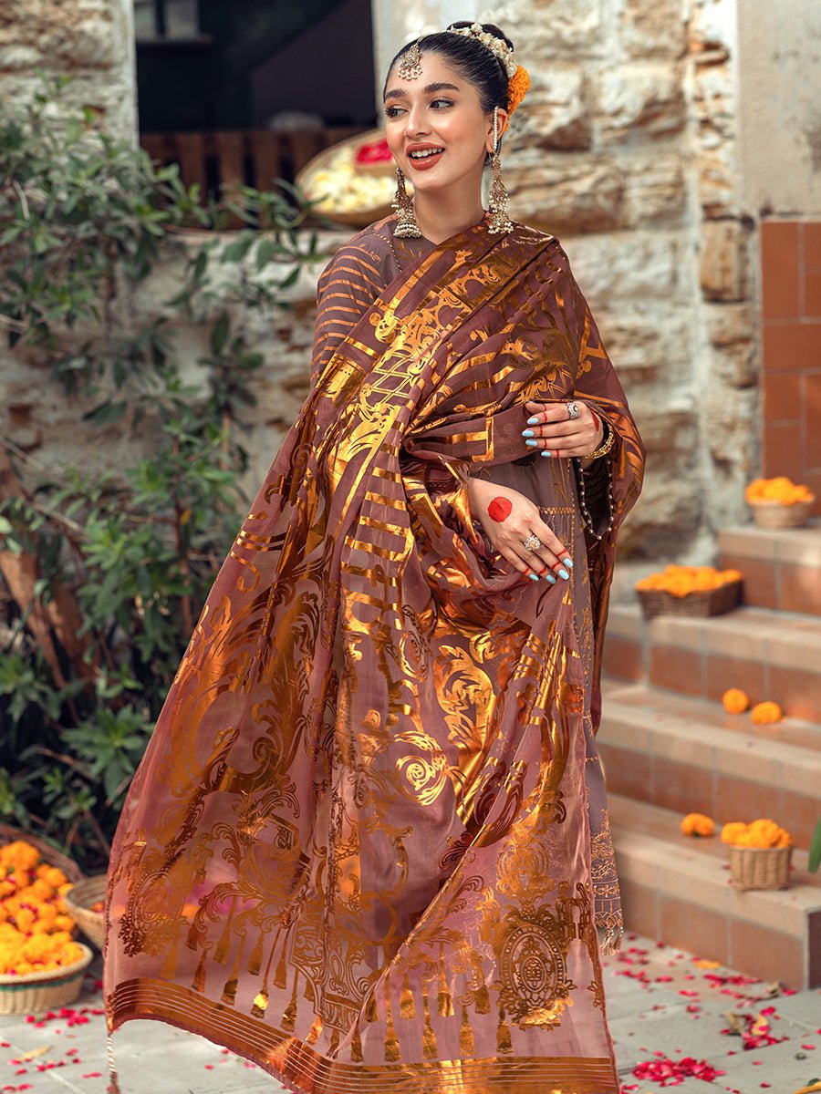 3pc Unstitched - Heavy Embroidered Lawn Suit with Organza Foil Dupatta - Singhaar (WK-01028BUT) - SalitexOnline