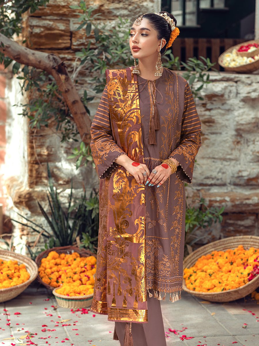 3pc Unstitched - Heavy Embroidered Lawn Suit with Organza Foil Dupatta - Singhaar (WK-01028BUT) - SalitexOnline