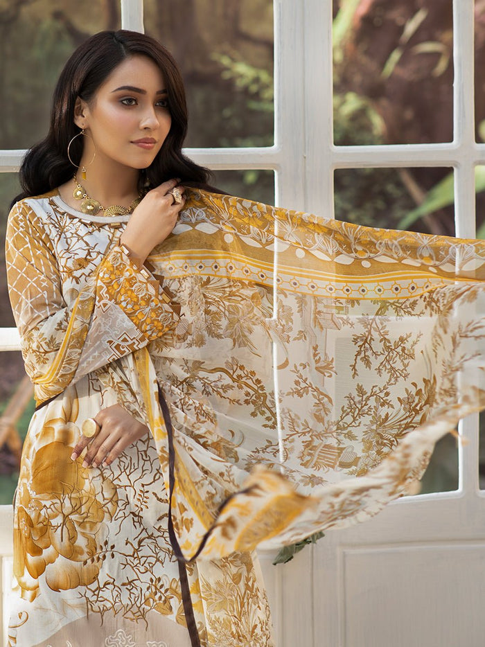 3pc Unstitched - Printed Embroidered Lawn Shirt with Dyed Cambric Trouser & Printed Chiffon Dupatta - Silkoria (WK-00536B) - SalitexOnline