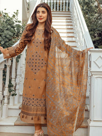 3pc Unstitched - Printed Embroidered Lawn Shirt With Fancy Printed Dupatta & Dyed Cambric Trouser - Estela (WK-00985AUT) - SalitexOnline