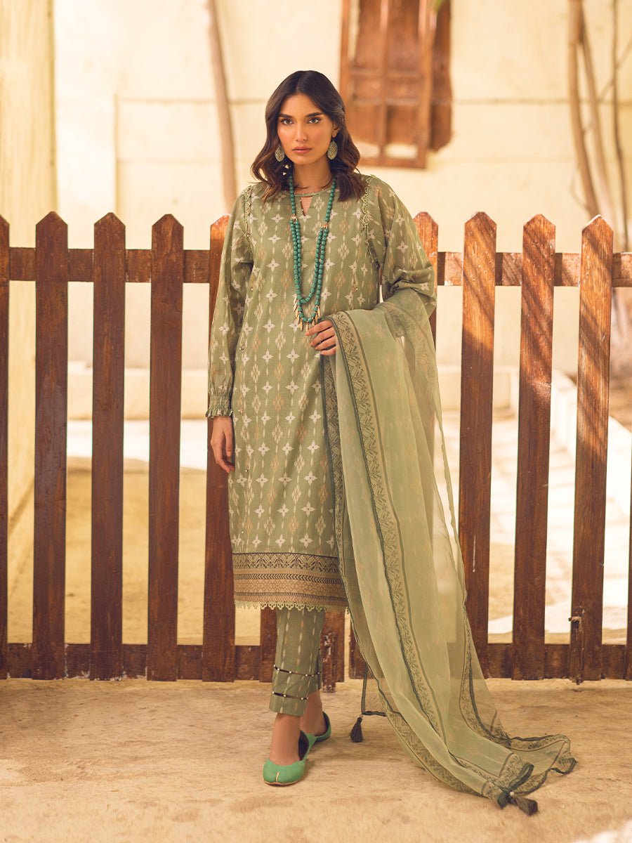 3pc Unstitched - Printed Lawn with Printed Organza Dupatta - SalitexOnline