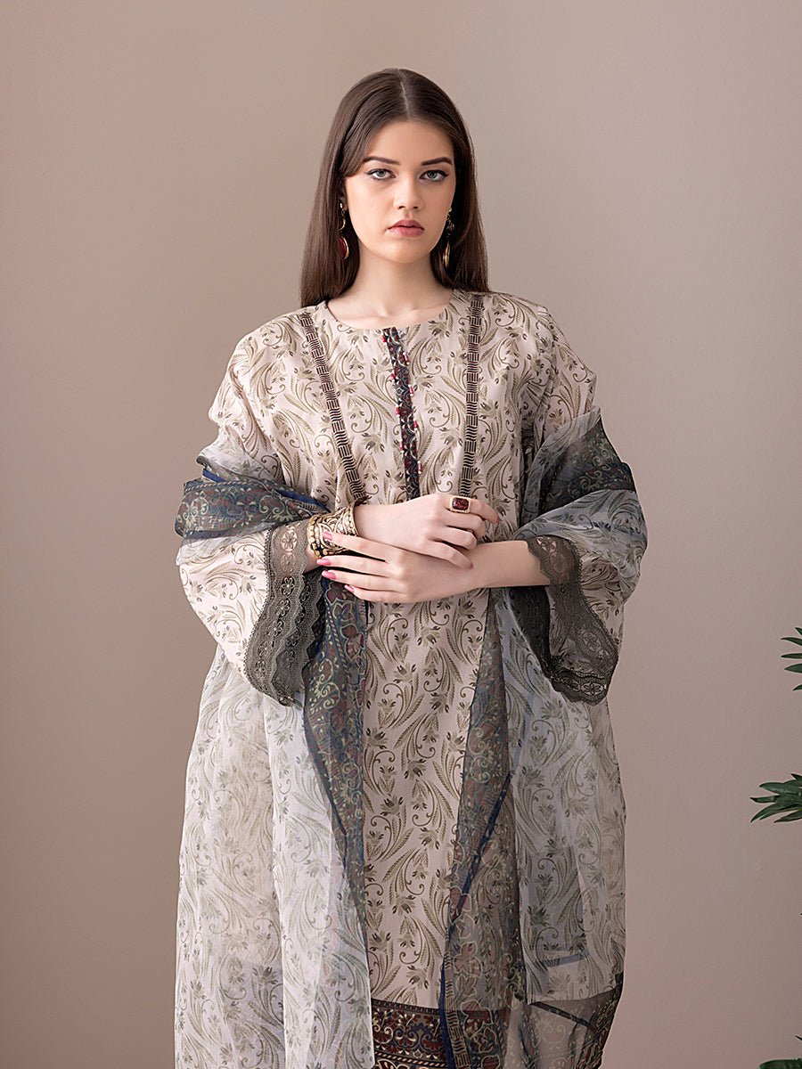 3pc Unstitched - Printed Lawn with Printed Organza Dupatta - SalitexOnline