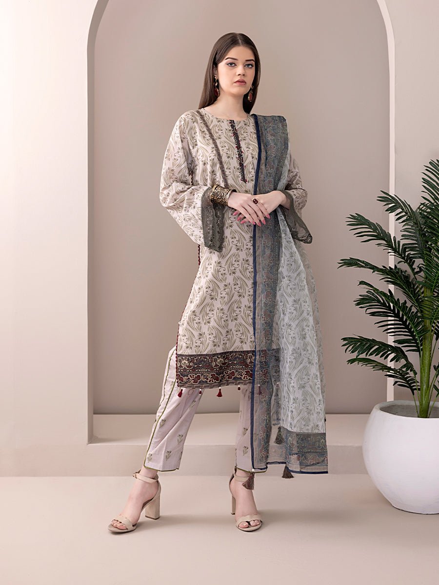 3pc Unstitched - Printed Lawn with Printed Organza Dupatta - SalitexOnline