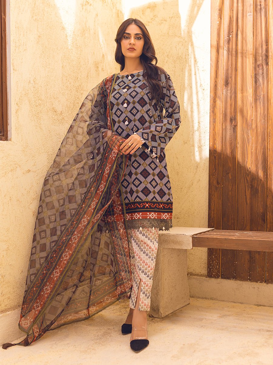 3pc Unstitched - Printed Lawn with Printed Organza Dupatta - SalitexOnline