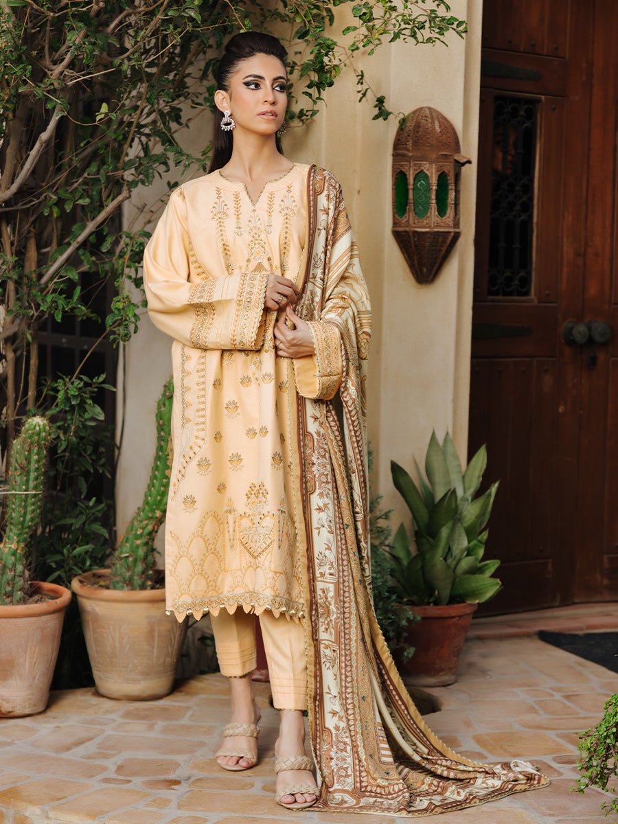 3pc Unstitched Winter Embroidered Suit With Shawl Peach Leather (PLEMB-01UT) - SalitexOnline
