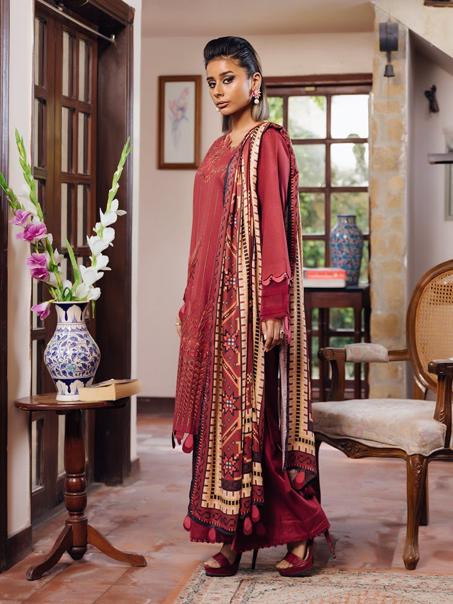 3pc Unstitched Winter Embroidered Suit With Shawl Peach Leather (PLEMB-07UT) - SalitexOnline