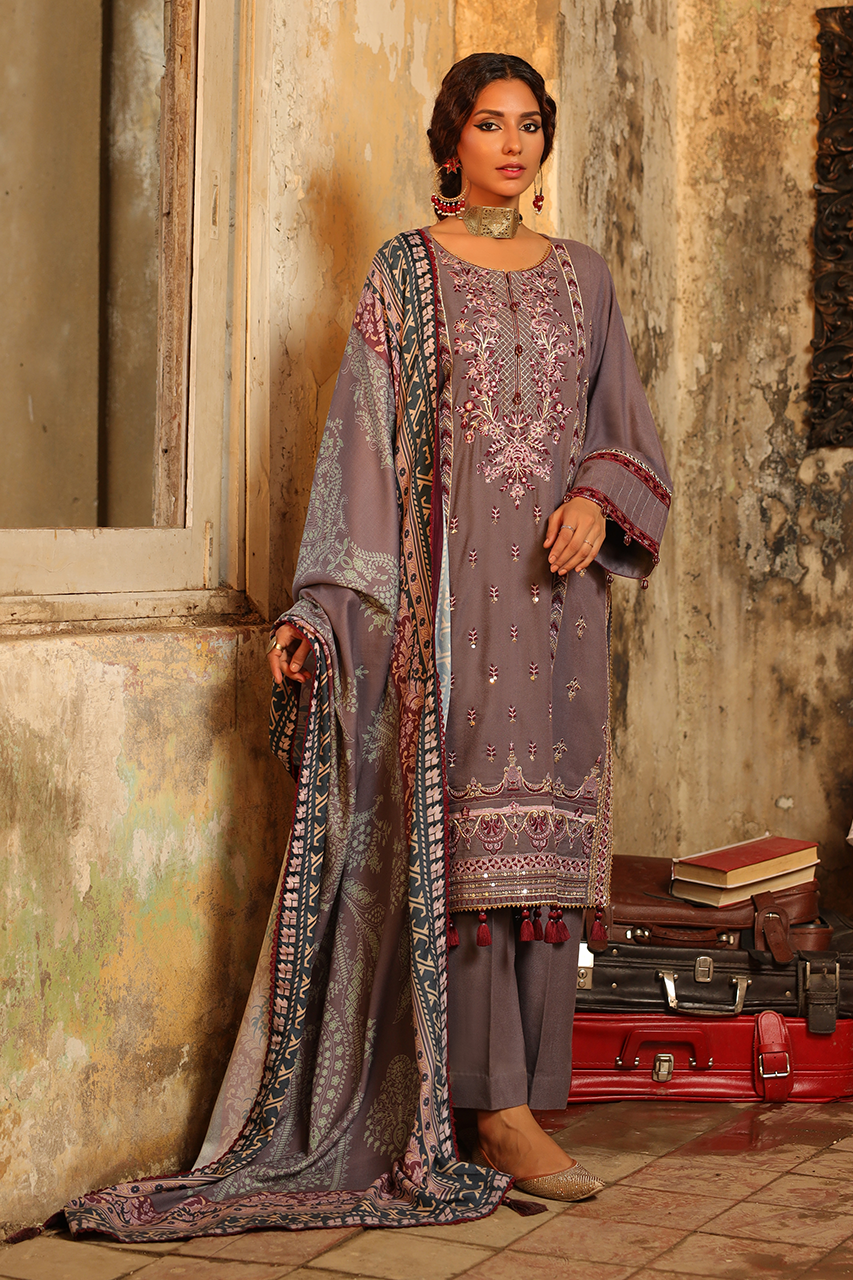 3PC Unstitched - Dyed Peach Leather Embroidered Shirt with Pashmina Printed Lurex Shawl