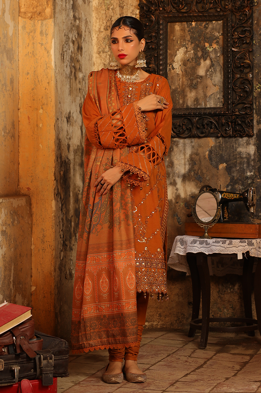 3PC Unstitched - Dyed Peach Leather Embroidered Shirt with Pashmina Printed Lurex Shawl