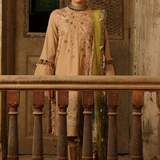 3PC Unstitched - Dyed Peach Leather Embroidered Shirt with Pashmina Printed Lurex Shawl