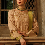 3PC Unstitched - Dyed Peach Leather Embroidered Shirt with Pashmina Printed Lurex Shawl