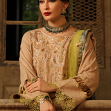 3PC Unstitched - Dyed Peach Leather Embroidered Shirt with Pashmina Printed Lurex Shawl