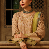 3PC Unstitched - Dyed Peach Leather Embroidered Shirt with Pashmina Printed Lurex Shawl
