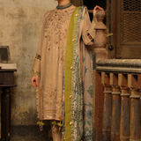 3PC Unstitched - Dyed Peach Leather Embroidered Shirt with Pashmina Printed Lurex Shawl