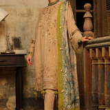 3PC Unstitched - Dyed Peach Leather Embroidered Shirt with Pashmina Printed Lurex Shawl