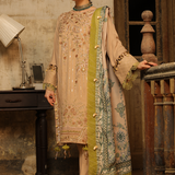 3PC Unstitched - Dyed Peach Leather Embroidered Shirt with Pashmina Printed Lurex Shawl