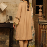 3PC Unstitched - Dyed Peach Leather Embroidered Shirt with Pashmina Printed Lurex Shawl