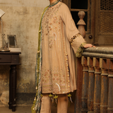 3PC Unstitched - Dyed Peach Leather Embroidered Shirt with Pashmina Printed Lurex Shawl