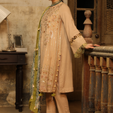 3PC Unstitched - Dyed Peach Leather Embroidered Shirt with Pashmina Printed Lurex Shawl