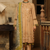 3PC Unstitched - Dyed Peach Leather Embroidered Shirt with Pashmina Printed Lurex Shawl